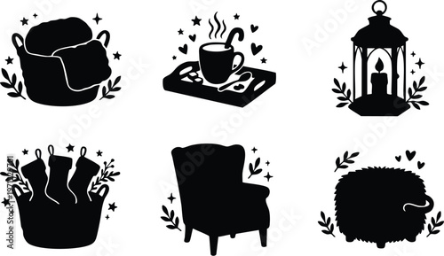 Black and white cozy winter icons with cup candle stockings and armchair