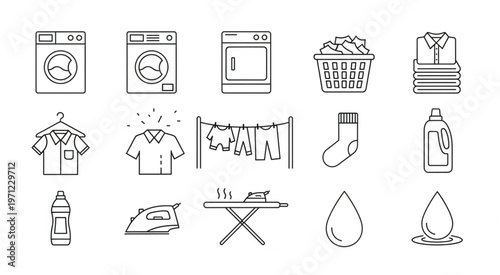 Laundry day essentials - Washing machines, clothes, and cleaning supplies.