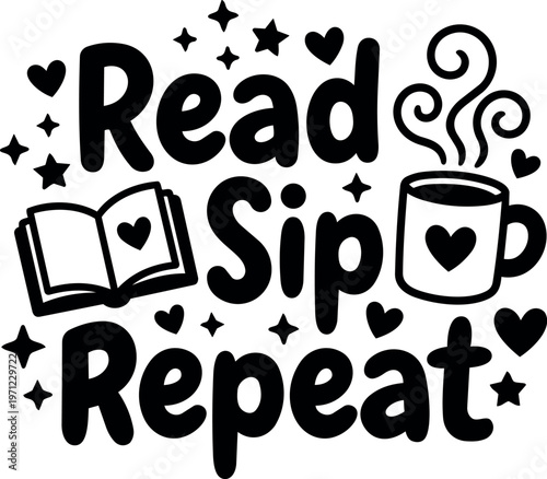 Read sip repeat phrase with book and steaming cup vector art black and white