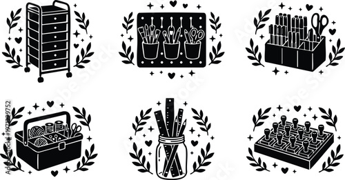 Storage cart brush holder sewing box jar with rulers and chess set