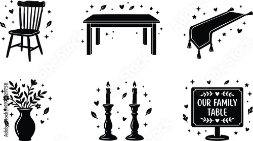 Black and white vintage style family table elements with chair table runner vase candles and sign