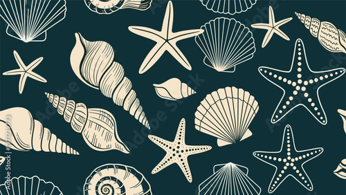 Seamless ocean pattern featuring various line art seashells and starfishes on a dark blue background for fabric design.