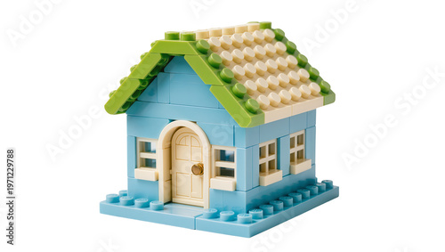 Blue House with Green Roof and Small Windows