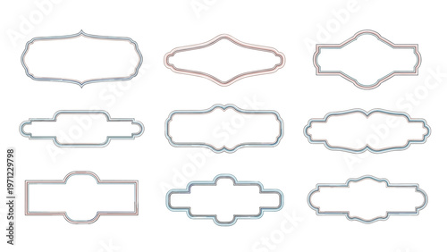 Set of nine elegant label frames with double borders in soft blue and pink colors suitable for vintage or formal designs.