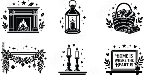 Black and white vector art home is where the heart is phrase with fireplace lantern candles basket of firewood