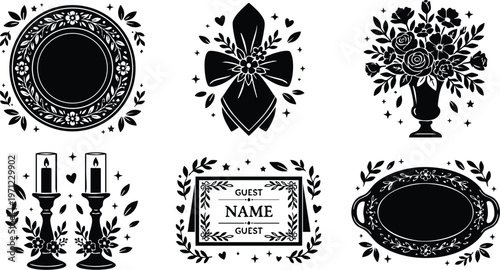 Black and white floral wreath plates bow candles and guest name card vector art