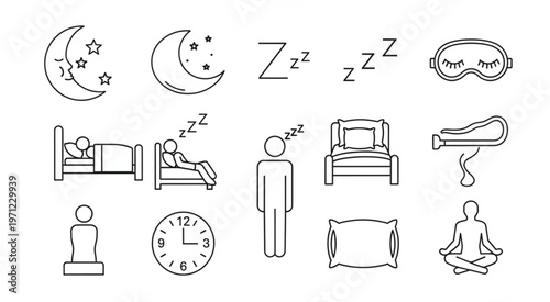Collection of sleep-related icons representing rest, dreams, and relaxation.