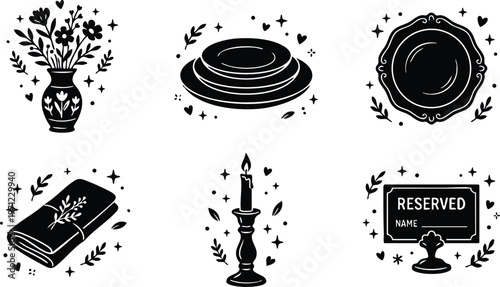 Black and white decorative dining set with flower vase candle and reserved sign