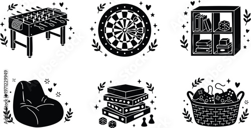 Black and white line art game room objects with foosball table dartboard bookshelf bean bag board games and game controllers