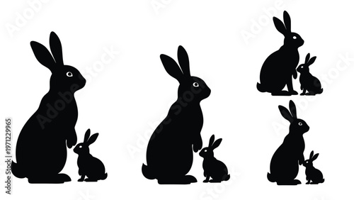 Set of black silhouettes showing an adult rabbit standing with a smaller baby bunny in three different sizes and poses.