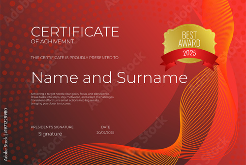 Modern red certificate of achievement template with wavy gold lines