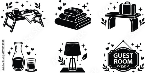 Black and white guest room icons with breakfast tray towels luggage lamp and guest room sign