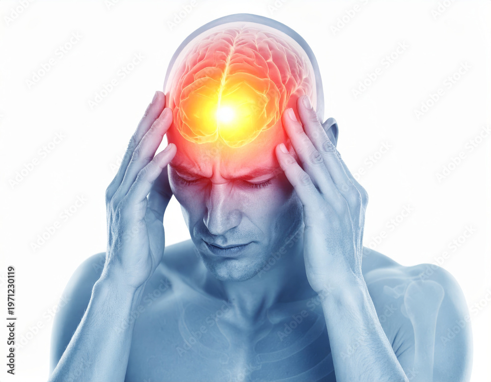 Obraz premium Studio portrait of a person holding temples with highlighted head pain overlay, migraine and headache concept, neurology and health care awareness on white background