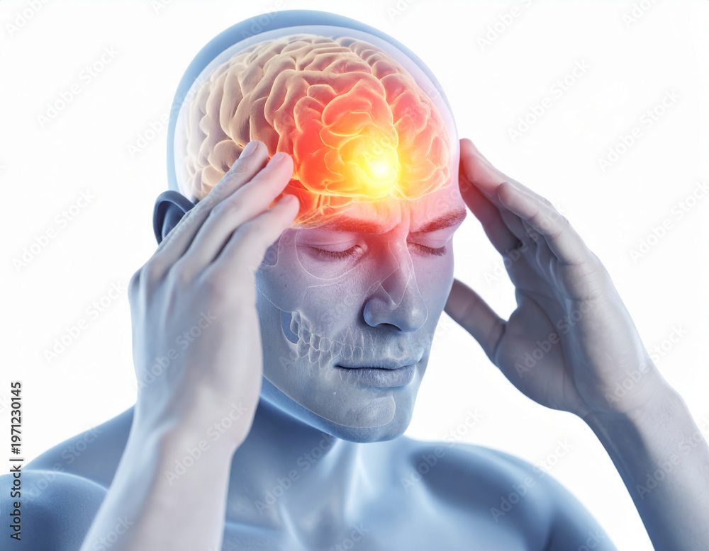 Obraz premium Studio portrait of a person holding temples with highlighted head pain overlay, migraine and headache concept, neurology and health care awareness on white background