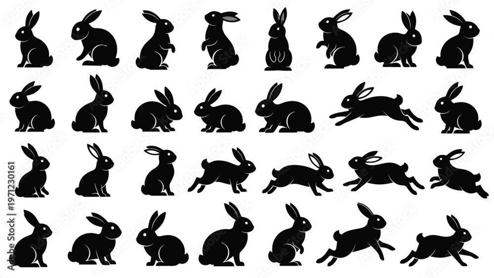 Fototapeta premium Large collection of black rabbit silhouettes in various active and resting poses like jumping running and sitting on an isolated white background.