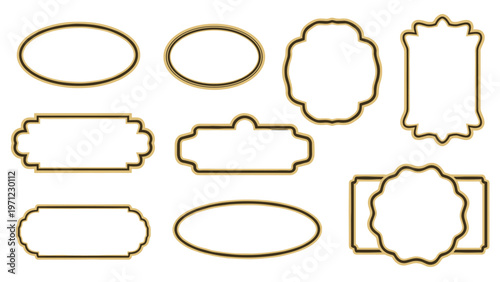 Collection of elegant gold and black frames with various shapes like oval and decorative rectangles for wedding invitations or product labels.