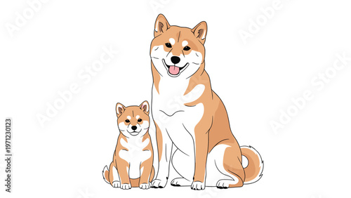 Illustration of a happy adult Shiba Inu dog sitting next to a small puppy both looking forward and smiling with their pink tongues out.