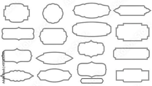Set of eighteen different empty black line decorative frames and borders with various ornamental shapes for use in professional graphic design.