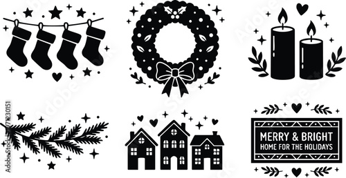 Black and white christmas wreath stockings candles and cozy homes vector art