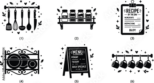 Black and white kitchen utensils spice jars recipe menu board hanging mugs vector art