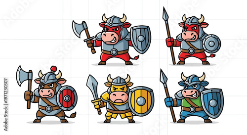 Cartoon bulls warriors with weapons and armor set vector illustration