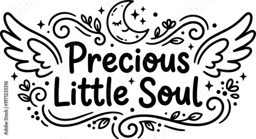 Precious little soul lettering with crescent moon wings and decorative swirls vector art