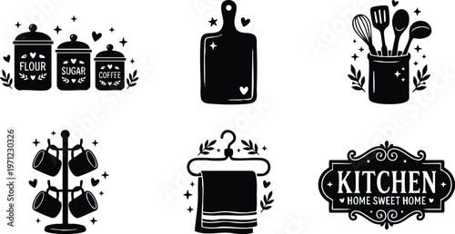 Black and white kitchen jars cutting board utensils and towel vector art set with home sweet home sign