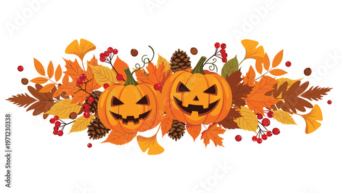 Autumn themed halloween horizontal banner with two jack-o-lantern pumpkins surrounded by colorful fall leaves pine cones and red berries.