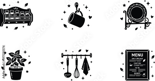 Black spice rack mug plate potted plant kitchen utensils and menu vector art set