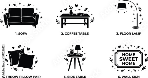 Black and white home furniture icons with sofa coffee table floor lamp and wall sign home sweet home