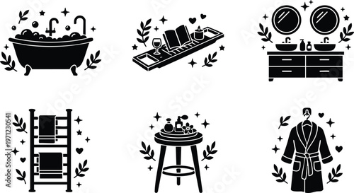 Black and white flat design bathroom and spa icons with towel rack bathtub and robe