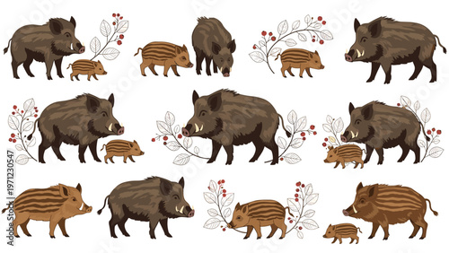 Detailed illustration of a wild boar family including adults and striped piglets foraging among berry branches and colorful autumn leaves.