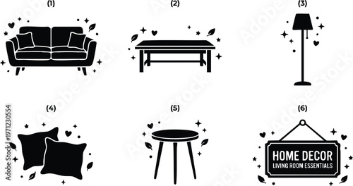 Black and white home decor icons sofa table lamp cushions round stool and sign