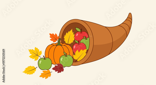 Abundant harvest cornucopia with fruits and leaves.