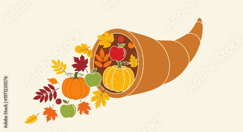 Abundant harvest cornucopia with fruits and vegetables.
