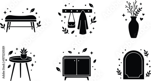Black and white solid icons of bench coat rack vase table cabinet and mirror