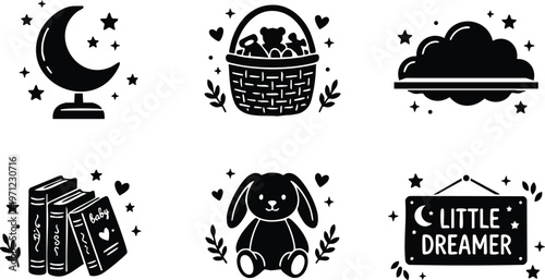 Black and white little dreamer sign with moon stars bunny basket and baby books vector art