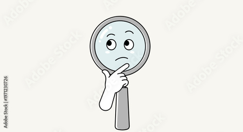 A cartoon character holding a magnifying glass with a puzzled expression.