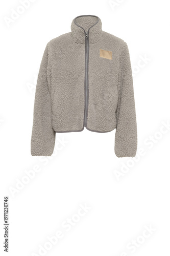 Gray Fuzzy Jacket with Zipper and Patch on Sleeve