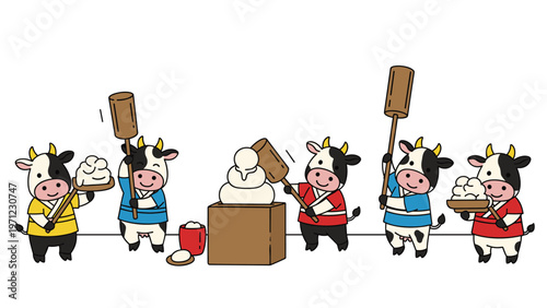 Group of five black and white cows in colorful japanese clothing working together to prepare mochi for the traditional new year celebration.