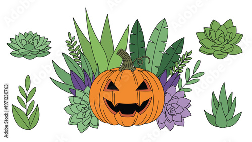 Creative halloween centerpiece featuring a carved jack-o-lantern pumpkin surrounded by various green and purple succulent desert plants.