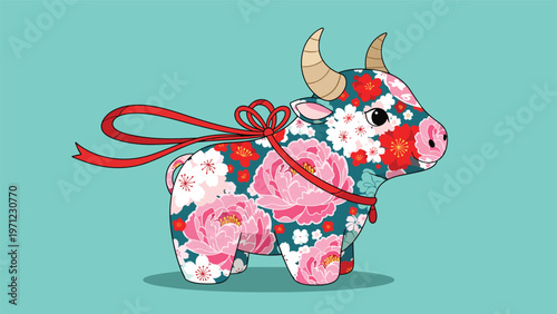 Decorative illustration of a bull silhouette filled with vibrant pink and white cherry blossom floral patterns on a turquoise background.