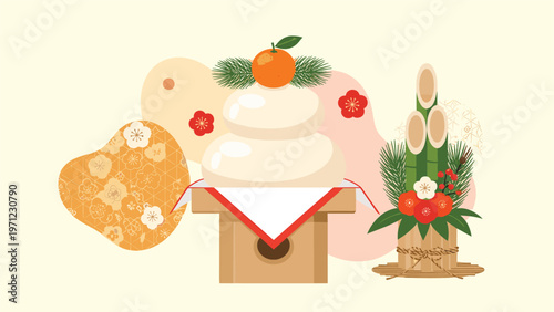 Traditional japanese new year decoration called kagamimochi with an orange on top standing next to a decorative kadomatsu bamboo arrangement.