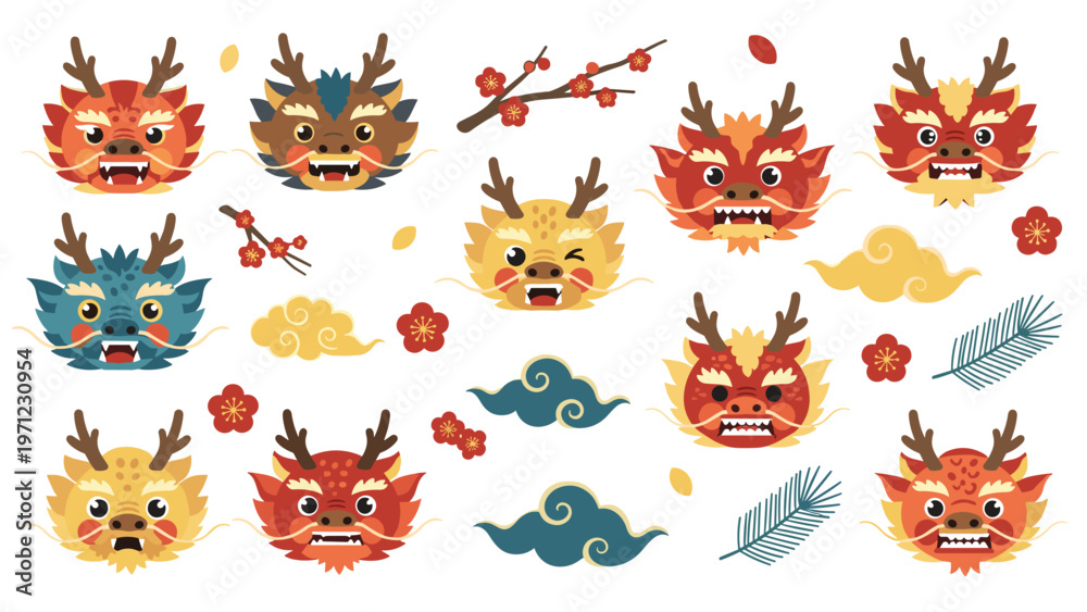 Obraz premium Colorful collection of mythical dragon heads and traditional asian symbols like clouds cherry blossoms and pine branches for new year festivals.