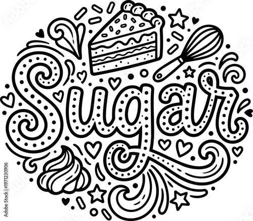 Black and white sugar lettering with cake slice and whisk vector art