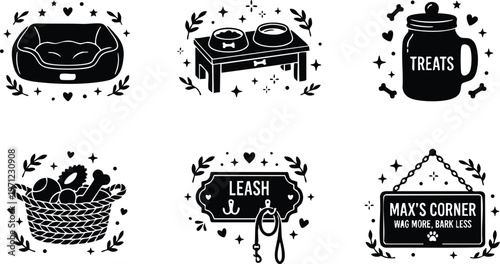 Black dog bed food bowl treats basket leash and personalized corner sign vector art