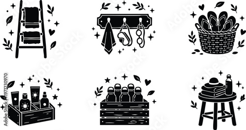 Black and white spa shelf towel basket bathrobe bottles flat vector art