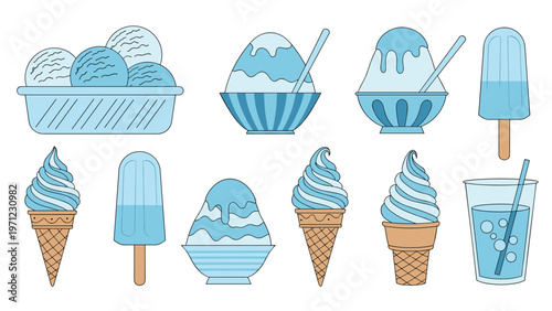 Assortment of refreshing blue themed summer treats including ice cream cones shaved ice and popsicles in a simple clean line art style.