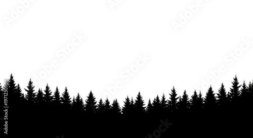 Black Silhouette of Evergreen Forest Border on White Background