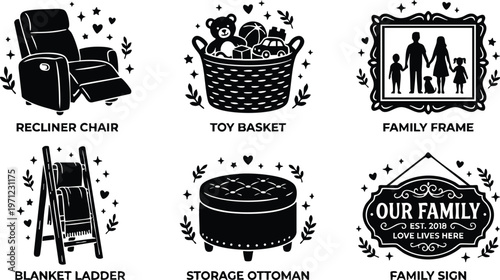 Black and white family frame with two adults and two children silhouette vector art